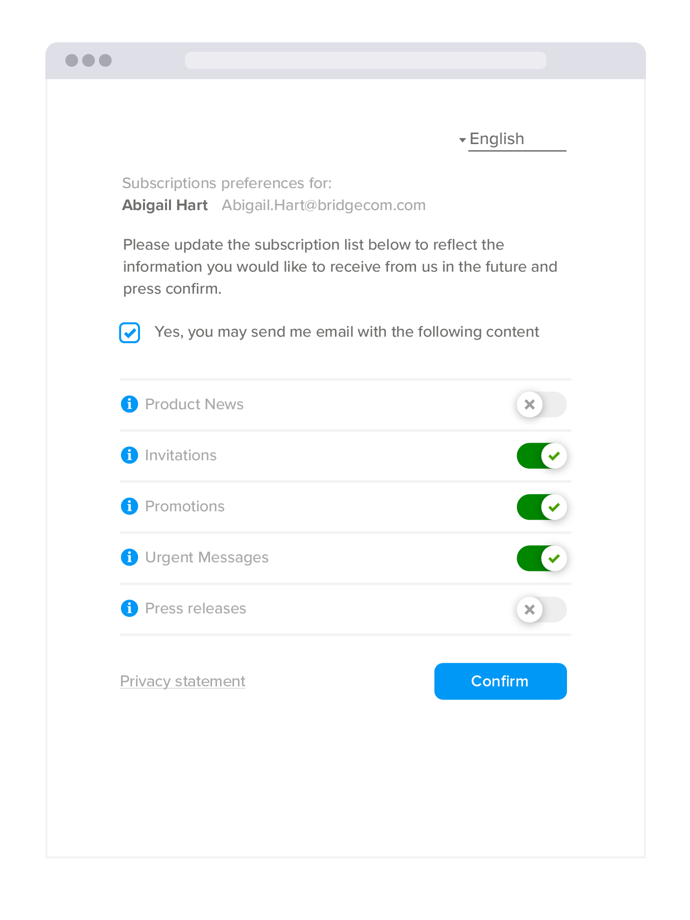 Subscription management settings inline with GDPR compliance